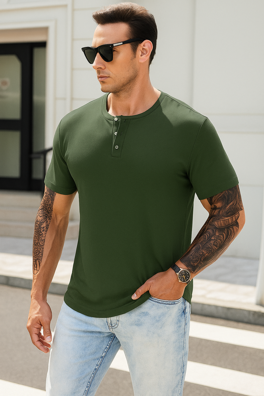 Men's Casual Short Sleeve Muscle Slim Henley