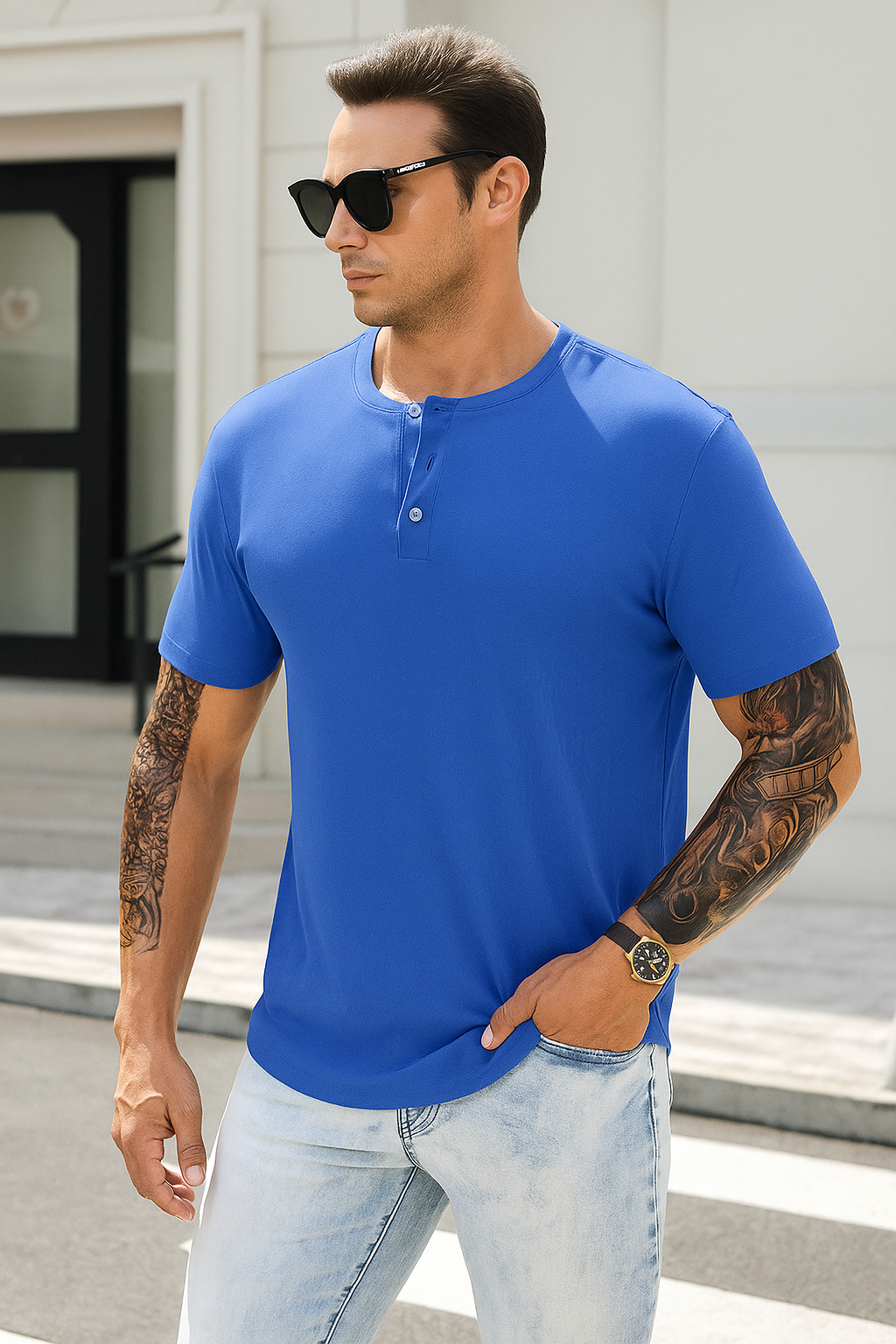 Men's Casual Short Sleeve Muscle Slim Henley