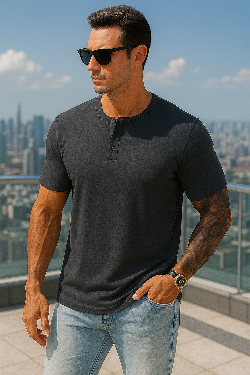 Men's Casual Short Sleeve Muscle Slim Henley