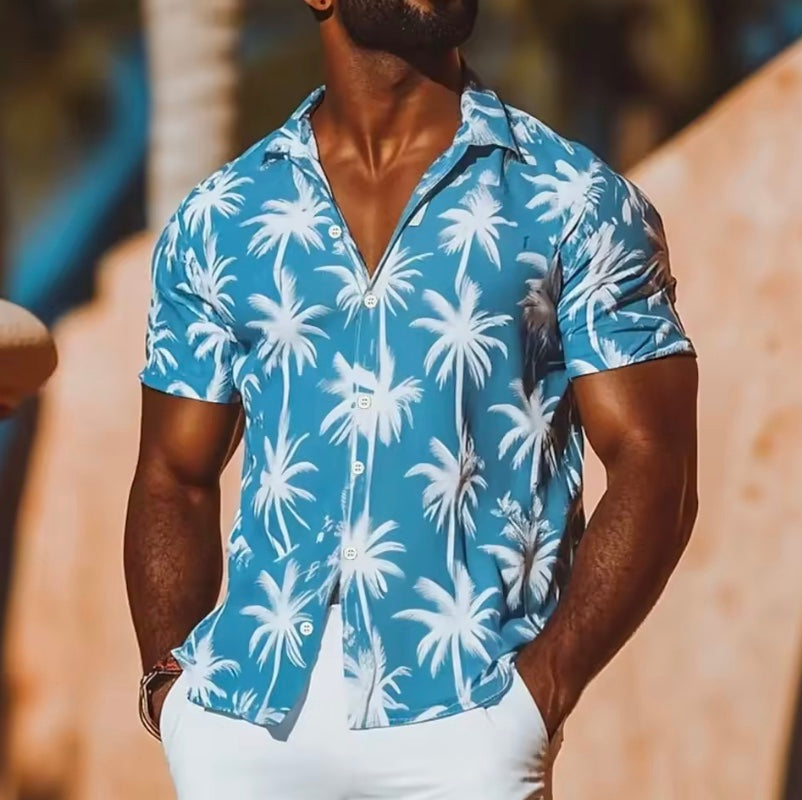 Men's Hawaiian Summer Shirt | Sky Blue Palm Tree Print