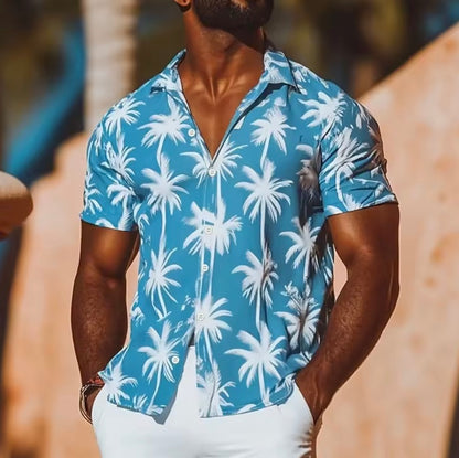 Men's Hawaiian Summer Shirt | Sky Blue Palm Tree Print
