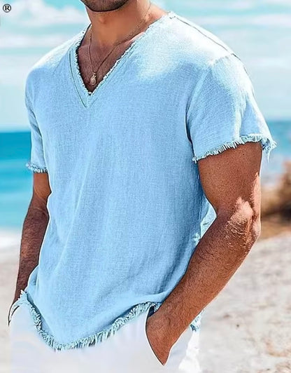 Men's Cotton V-Neck Shirt | Casual Short Sleeve Summer Beach Top