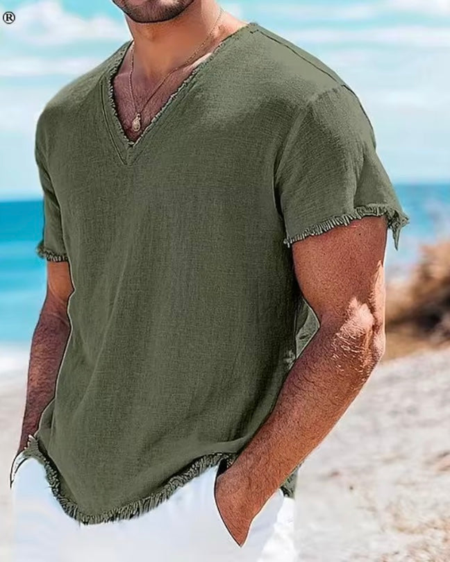 Men's Cotton V-Neck Shirt | Casual Short Sleeve Summer Beach Top