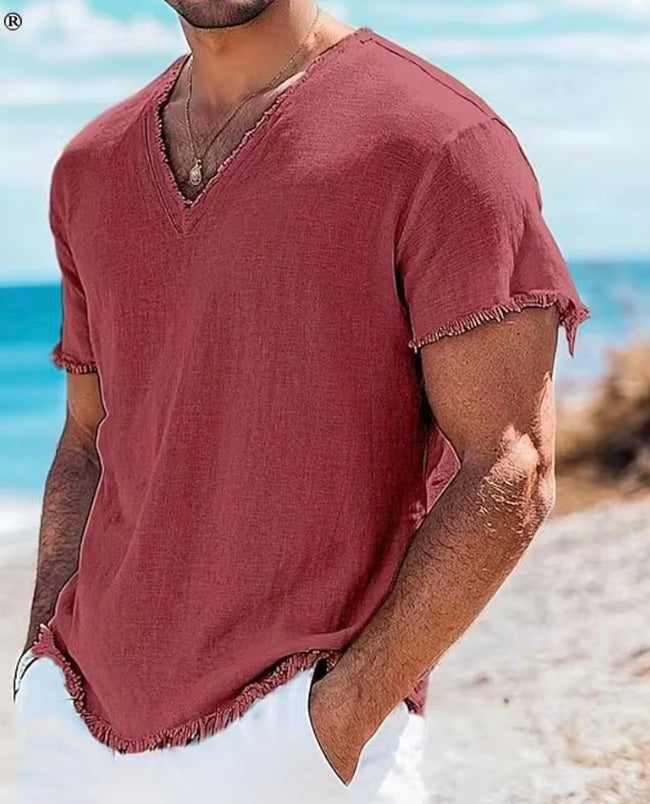 Men's Cotton V-Neck Shirt | Casual Short Sleeve Summer Beach Top