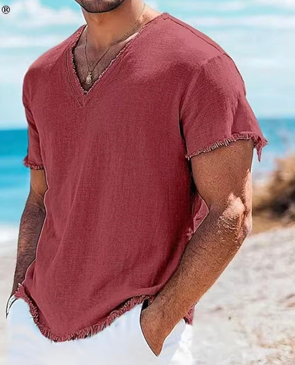 Men's Cotton V-Neck Shirt | Casual Short Sleeve Summer Beach Top