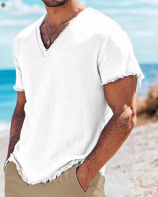 Men's Cotton V-Neck Shirt | Casual Short Sleeve Summer Beach Top