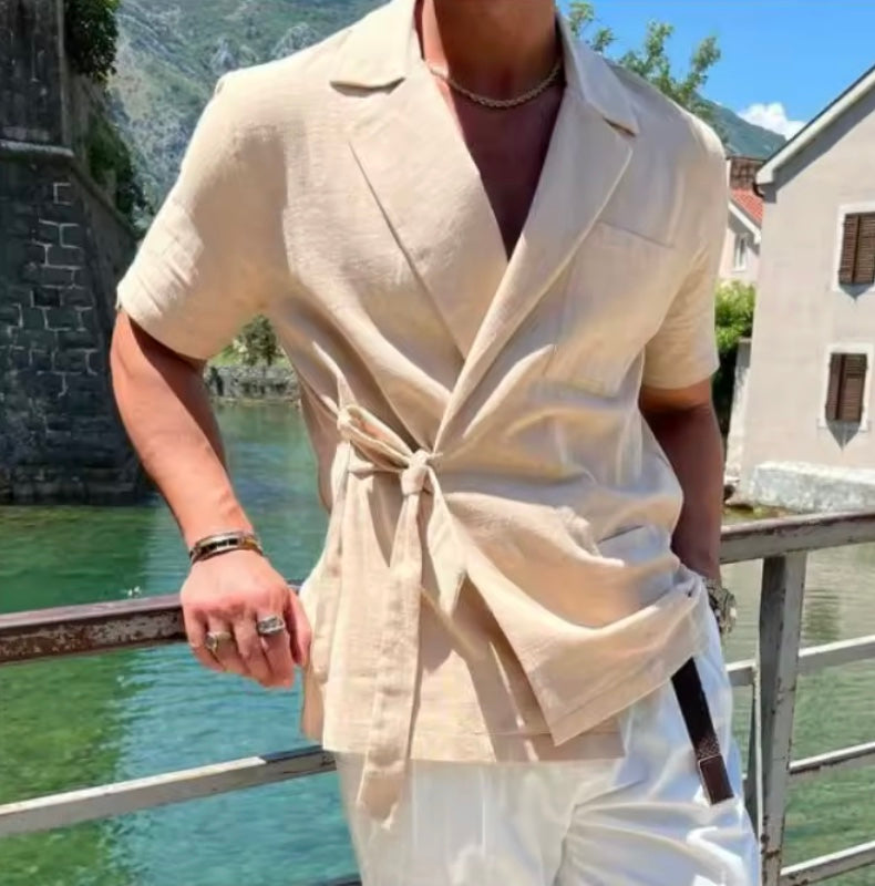Men's Cotton Wrap Shirt | Casual Short Sleeve Tie Front | Casual Summer Vacation Top