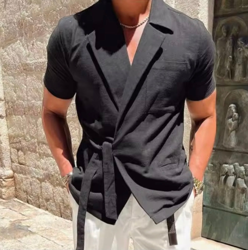 Men's Cotton Wrap Shirt | Casual Short Sleeve Tie Front | Casual Summer Vacation Top