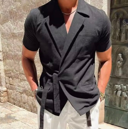 Men's Cotton Wrap Shirt | Casual Short Sleeve Tie Front | Casual Summer Vacation Top