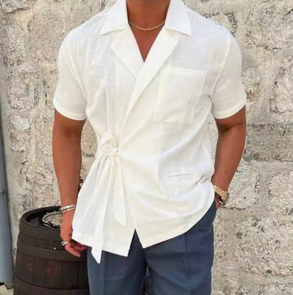 Men's Cotton Wrap Shirt | Casual Short Sleeve Tie Front | Casual Summer Vacation Top