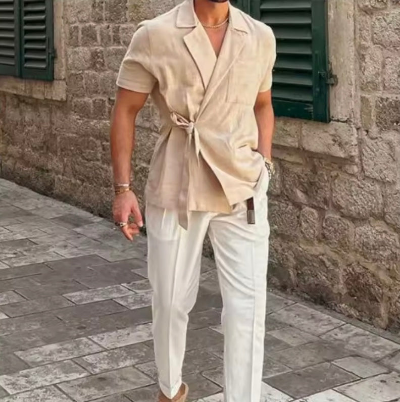 Men's Cotton Wrap Shirt | Casual Short Sleeve Tie Front | Casual Summer Vacation Top