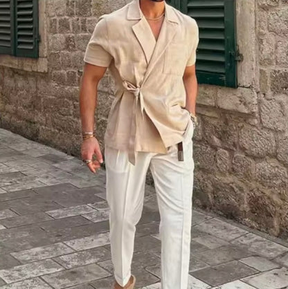 Men's Cotton Wrap Shirt | Casual Short Sleeve Tie Front | Casual Summer Vacation Top