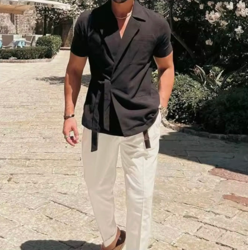 Men's Cotton Wrap Shirt | Casual Short Sleeve Tie Front | Casual Summer Vacation Top