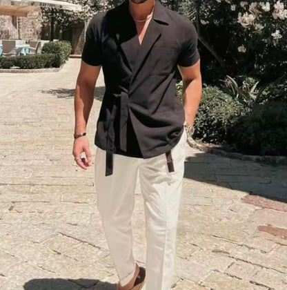 Men's Cotton Wrap Shirt | Casual Short Sleeve Tie Front | Casual Summer Vacation Top