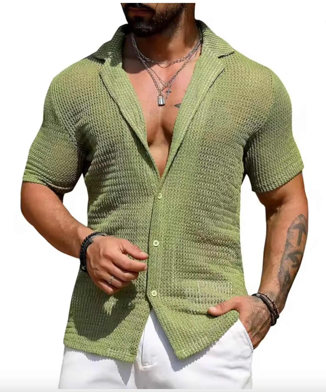 Men's Hollow Knit Polo Shirt | Slim Fit Crochet Button-Down | Breathable Summer Beach Top
