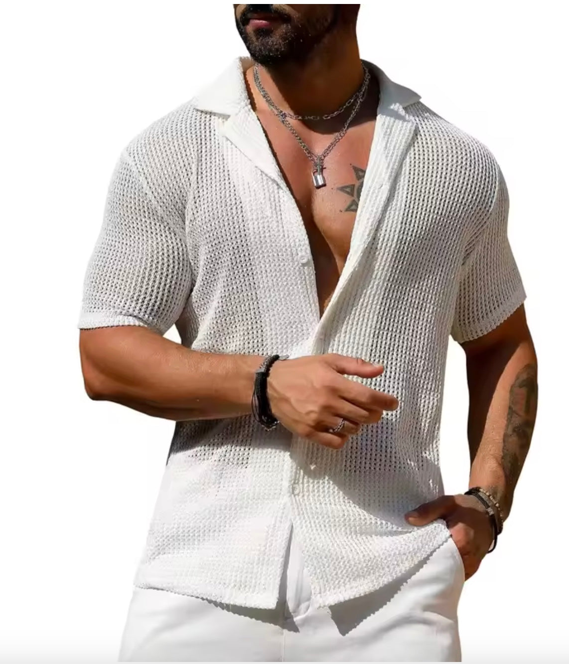 Men's Hollow Knit Polo Shirt | Slim Fit Crochet Button-Down | Breathable Summer Beach Top