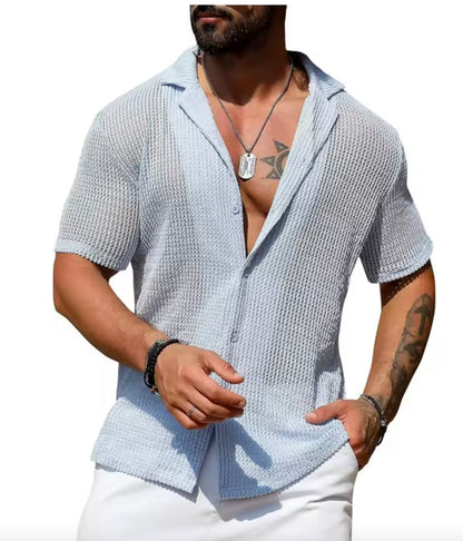 Men's Hollow Knit Polo Shirt | Slim Fit Crochet Button-Down | Breathable Summer Beach Top