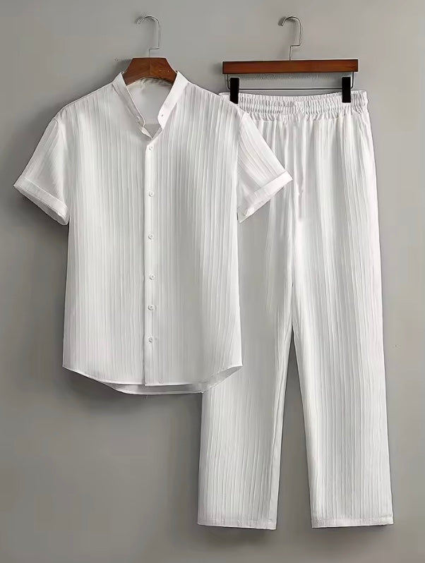 Nerja Men's Premium Textured Matching Set | Short Sleeve Button Shirt & Drawstring Pants