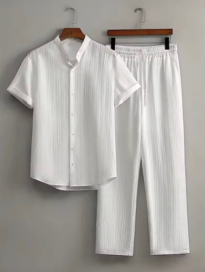 Nerja Men's Premium Textured Matching Set | Short Sleeve Button Shirt & Drawstring Pants