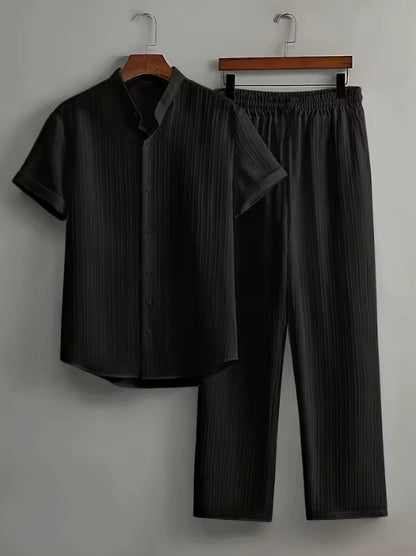 Nerja Men's Premium Textured Matching Set | Short Sleeve Button Shirt & Drawstring Pants