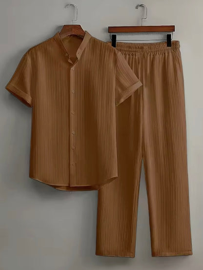 Nerja Men's Premium Textured Matching Set | Short Sleeve Button Shirt & Drawstring Pants