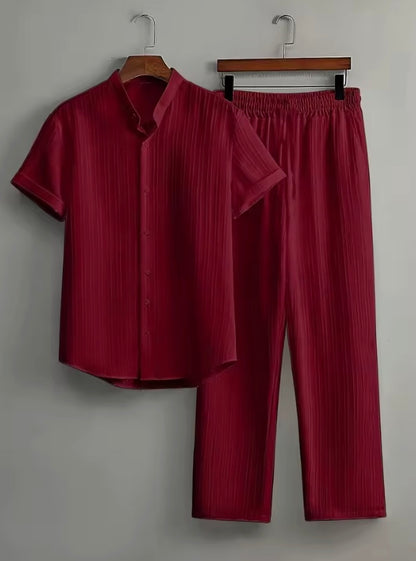Nerja Men's Premium Textured Matching Set | Short Sleeve Button Shirt & Drawstring Pants