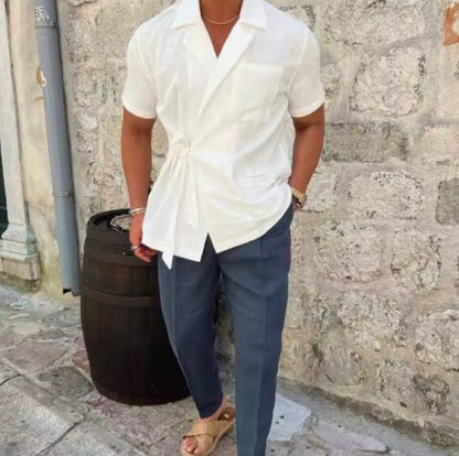 Men's Cotton Wrap Shirt | Casual Short Sleeve Tie Front | Casual Summer Vacation Top