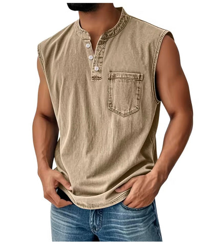 Nerja Premium Cotton Henley Tank Top | Casual Muscle Fit Sleeveless Shirt