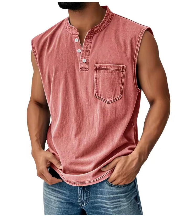 Nerja Premium Cotton Henley Tank Top | Casual Muscle Fit Sleeveless Shirt