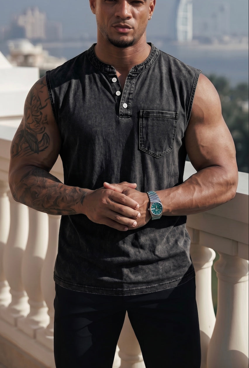 Nerja Premium Cotton Henley Tank Top | Casual Muscle Fit Sleeveless Shirt