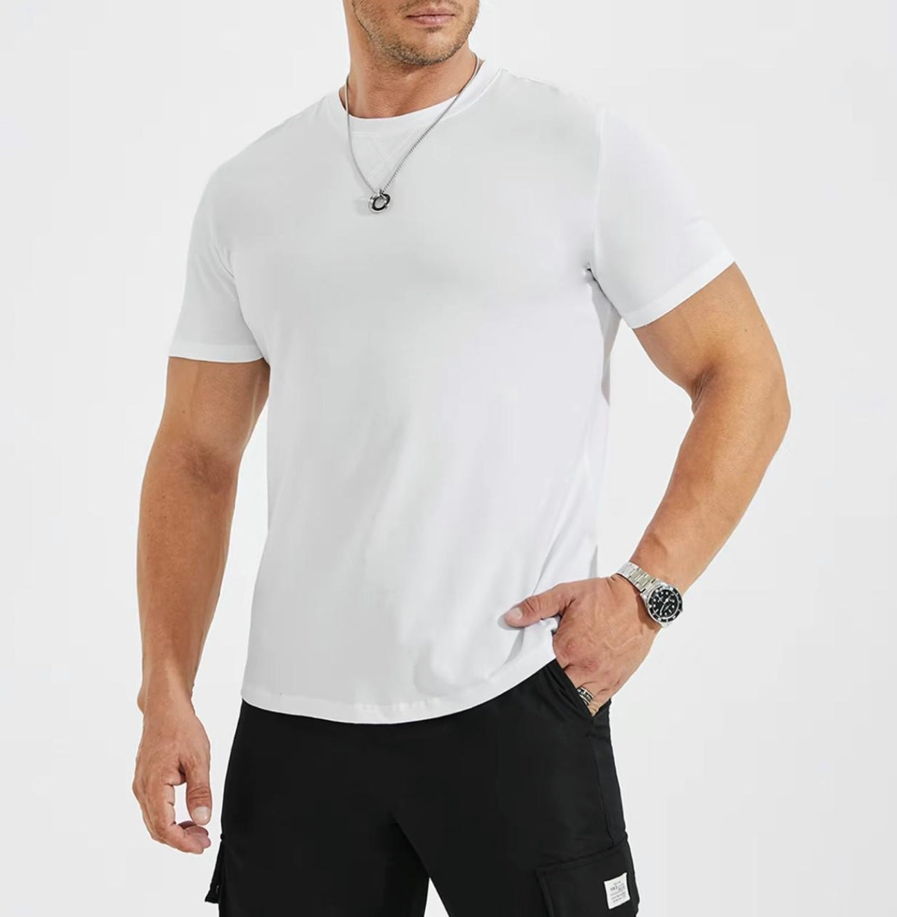 Vellano Hipster Curve-Hem Longline Tee| Slim Fit Crewneck
