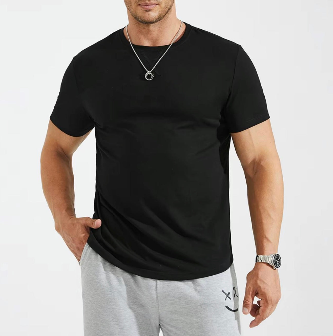 Vellano Hipster Curve-Hem Longline Tee| Slim Fit Crewneck