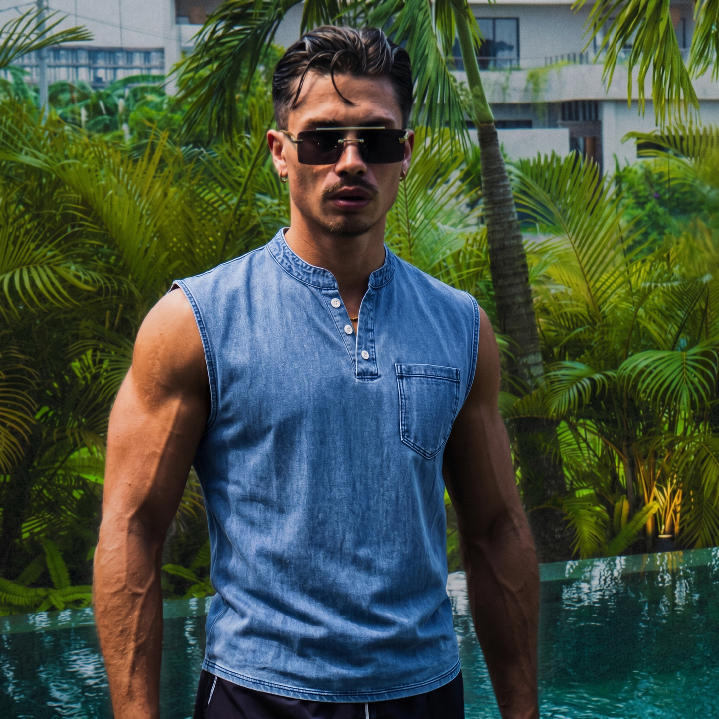 Nerja Premium Cotton Henley Tank Top | Casual Muscle Fit Sleeveless Shirt